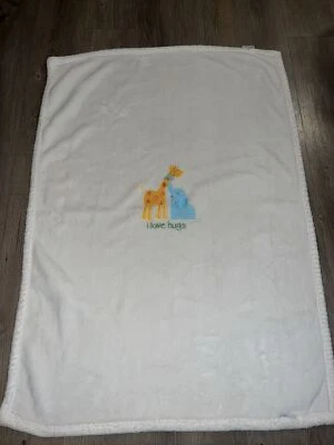 Carters White Baby Blanket I Love Hugs Elephant & Giraffe Rare Hard To Find - Image 1 of 4