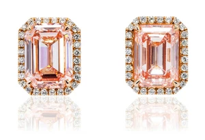 6.40CT Lab-Grown Fancy Vivid Pink Diamond 14k yellow Gold Emerald Stud Earring - Picture 1 of 12