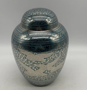 Brass Wares India Teal Aqua Green Silver Doves Large Metal Cremation Urn - Picture 1 of 9