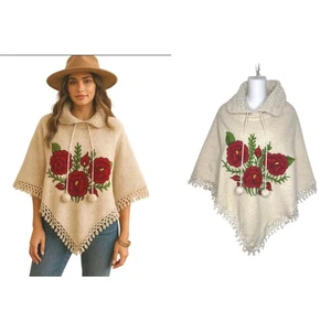 Poncho Floral Bordado Crema Crochet Borde Cuello Boho Chic Capa Talla Única - Imagen 1 de 7