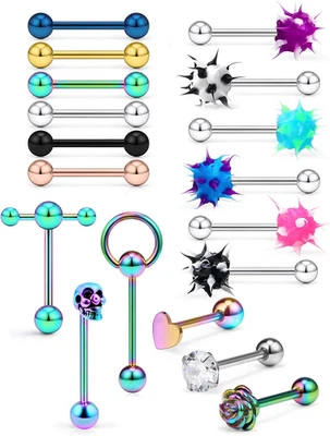 18Pcs 14G Tongue Rings Surgical Steel Soft Silicone Nipple Straight Barbells Bar - Image 1 of 3