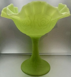 Fenton Uranium Satin Green Ruffled Persian Medallion Compote - Picture 1 of 8
