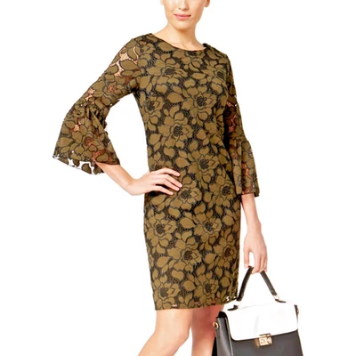 ALFANI LADIES AUTUMN MOSS CROCHET LACE BELL SLEEVE DRESS, BLACK/MOSS, 12, NWT - Image 1 of 4