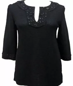 Nuovo maglione St. John nero scollo a V borchie paillettes orlo tunica piccolo 4 caviale - Foto 1 di 7