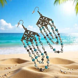 Böhmischer Stil Bronze Ohrhänger mit türkisbraunen Perlen 4 Zoll Länge Strand - Bild 1 von 6