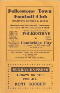 Folkstone Town V 1966/67 Cambridge City 03-12-1966 Southern League Premier - Imagen 1 de 1