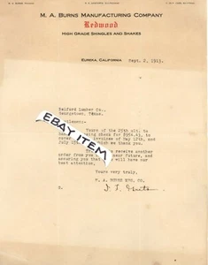 1913 letter redwood EUREKA CALIFORNIA GRETA Danforth CASE MA BURNS MANUFACTURING - Picture 1 of 1
