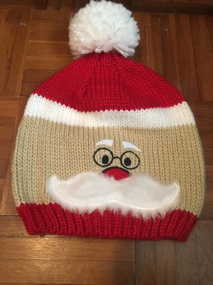 Santa Face And Mustache D & Y Knit With White Beanie Hipster Hat Sock Cap Winter - Image 1 of 1