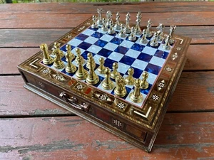 Vip Chessbox w\ Handmade Blue Chessboard - Inlaid Chess Set - Pearl Chessboard - Picture 1 of 10