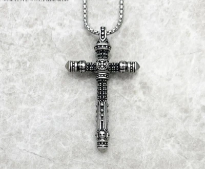 Cross Pendant 925 Sterling Silver Black Skull Antique Vintage 2" Chain 18 Inch - Image 1 of 4