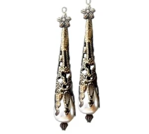 Earrings, bronzed boho filigree vintage long drop Cream pearl choose fittings - Bild 1 von 4