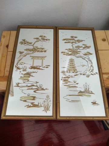 Vintage Asian Oriental Reverse Painted Glass Mirror Lot of 2 Temple 25" X 11" Cover
