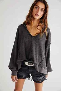 We the Free Women's Buttercup Waffle Thermal Top, Black Gray, Grunge, Size L - Picture 1 of 17