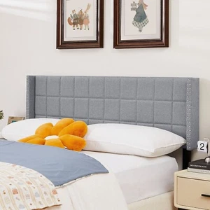 Upholstered Queen King Size Headboard Only Tufted Linen Fabric Bed Headboard - Picture 1 of 34
