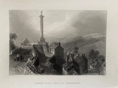 Impresión antigua de 1841; Walker's Monument, Londonderry, Co. Antrim después de Bartlett Foto 1 de 2