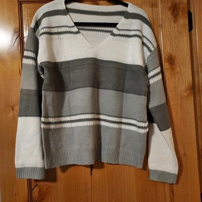 Women's Grey & White Striped V-neck Long Sleeve Pullover Sweater - Image 1 of 4