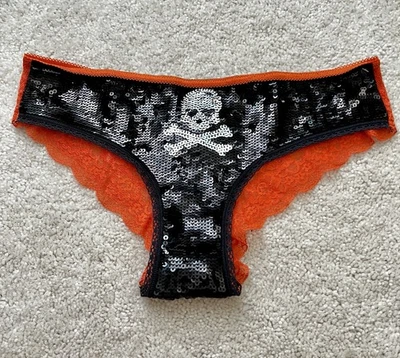 RARE VICTORIA'S SECRET PINK S HALLOWEEN SKULL SEQUIN BLING HIPSTER PANTIES SMALL - Image 1 of 4