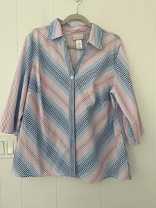 Alfred Dunner Woman Sz 1X Mitered Blue Pink Stripe 3/4 Sleeve Button Down Shirt - Picture 1 of 4