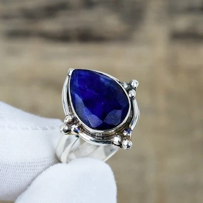 Anello Regolabile In Zaffiro Blu Creato In Laboratorio In Argento Sterling 925 - Immagine 1 di 4