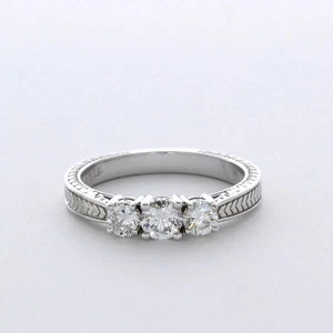Solid 14K Gold Three Stone Engagement Ring 0.75 CT Round Natural Diamond E VS2 - Picture 1 of 18