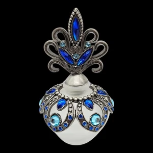 Botella de perfume de vidrio esmerilado con joyas azules estilo renacimiento gótico victoriano 4" - Imagen 1 de 6