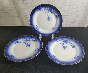 Wheeling Pottery La Belle China C 1890 Flow Blue & Gold Plates, 3 Pc. Set, 10.5" - Picture 1 of 8