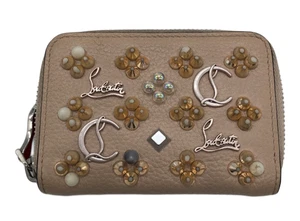 Christian Louboutin Coin Purse Case Wallet Pink Beige Studs Round Zip Authentic - Picture 1 of 8