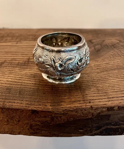 Tiffany & Company Makers Silver-Soldered Floral Repousse Salt Cellar-Circa 1887 Cover