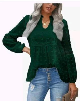 Blusa bordada XXL de gasa con manga linterna punto suizo con cuello en V dividido para mujer.  Foto 1 de 3