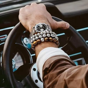 3Pcs Mens Tiger Eye Bracelet Silver Copper Beads Stretch Bracelet Christmas Gift - Picture 1 of 6