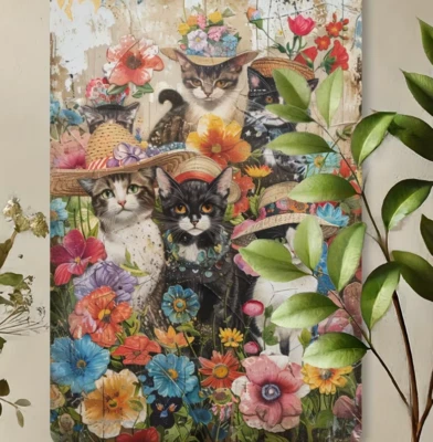 Rustic Wall Decor Country Spring Cats Flowers Metal Tin Sign 8x12 Flowers - Image 1 of 3