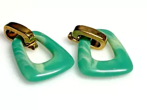 Vintage Trifari Clip on Earrings Gold Metal Green Plastic Dangle Drop - Picture 1 of 7