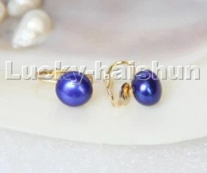 Genuine 11mm round navy blue pearls beads Earrings clip c322 - Picture 1 of 3