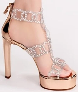 Neu Casadei 1350 $ Gold Plateau hohe Stiletto Kette Kristall Regentropfen Italien EU 36 - Bild 1 von 9