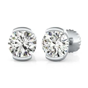 14K Solid White Gold Round Cut Moissanite Semi Bezel Set Earrings 2.00ctw - Imagen 1 de 2