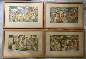 Set of 4 Vintage MCM Eugene Savage Art Litho Prints In Heavy Oak Frames Nice! - Picture 1 of 16
