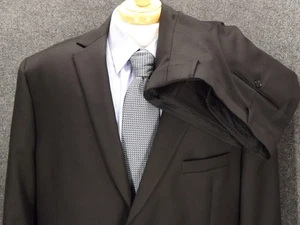 Jos A Bank Suit 50R Traveler Black 100% Wool 46x27 Flat Pants 2 Piece 2 Button - Picture 1 of 17