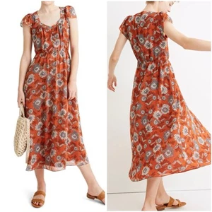 Vestido midi Madewell talla 8 manga transparente botón delantero flores reunidas naranja - Imagen 1 de 15