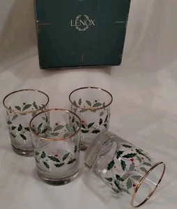 Christmas Glasses Lenox 12 Oz Double On Rocks Glasses Gold Trim 4Pcs - Picture 1 of 4