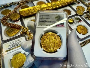 FINEST KN! PERU 8 ESCUDOS 1710 NGC 63 1715 FLEET SHIPWRECK GOLD DOUBLOON COIN - Picture 1 of 24