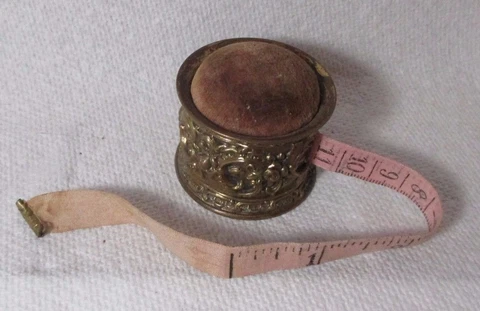 Antique Victorian brass NAPKIN HOLDER combo TAPE MEASURE & Pin Cushion;c1800's Cover