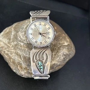 Hombres BearPaw Azul Turquesa Chip Incrustación Navajo Plata Esterlina Reloj Puntas 14310 - Imagen 1 de 12