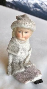 PINK SKIRT SNOW CHILD GIRL BABY SITTING GIRL BISQUE CHRISTMAS GERMANY ANTIQUE - Picture 1 of 9