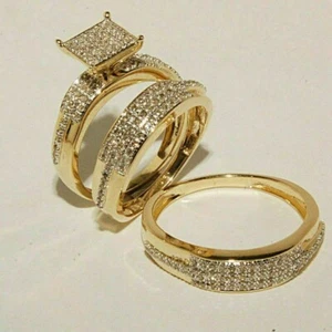 Lab Created Diamond His Her Trio Solitaire Ring & Band Set 14K Yellow Gold Over - Picture 1 of 3