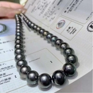 18” AAAAA 10-11mm Natural REAL SOUTH SEA BLACK ROUND PEARL NECKLACE 14K GOLD - Picture 1 of 4