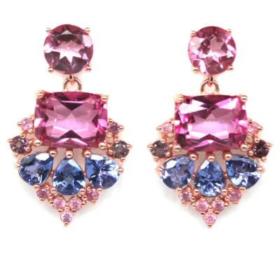 Plata de ley 925 7 x 9 mm. Pendientes de topacio místico rosa, tanzanita y zafiro Foto 1 de 4