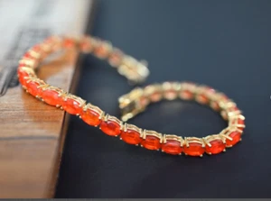 Fire Opal Oval 6*4 mm Tennis Bracelet Yellow Gold Over Sterling Silver 6.5 Inch - Picture 1 of 5