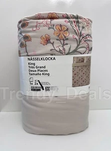 Ikea NASSELKLOCKA King Duvet Cover w/Pillowcases Bed Set Gray Beige/Floral - Picture 1 of 6