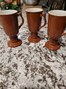 set of 3 brown Vintage Hall Pottery Pedestal Mug #1273 MCM Irish Coffee Mugs - Picture 1 of 6