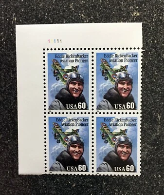 1995USA #2998 60c Eddie Rickenbacker Aviation Pioneer - Plate Block 4 small date - Image 1 of 2